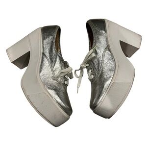 Vintage Bakers Silver Metallic Platform Lace-Up Chunky Heel Shoes, Sz 7.5